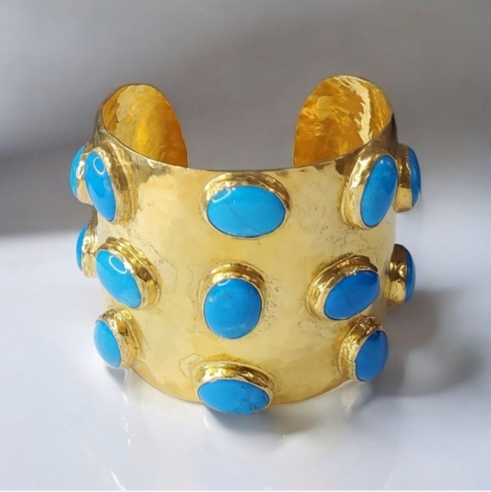 18k Gold Plated Hammered Massive Chunky Genuine Turquoise Cuff Bracelet